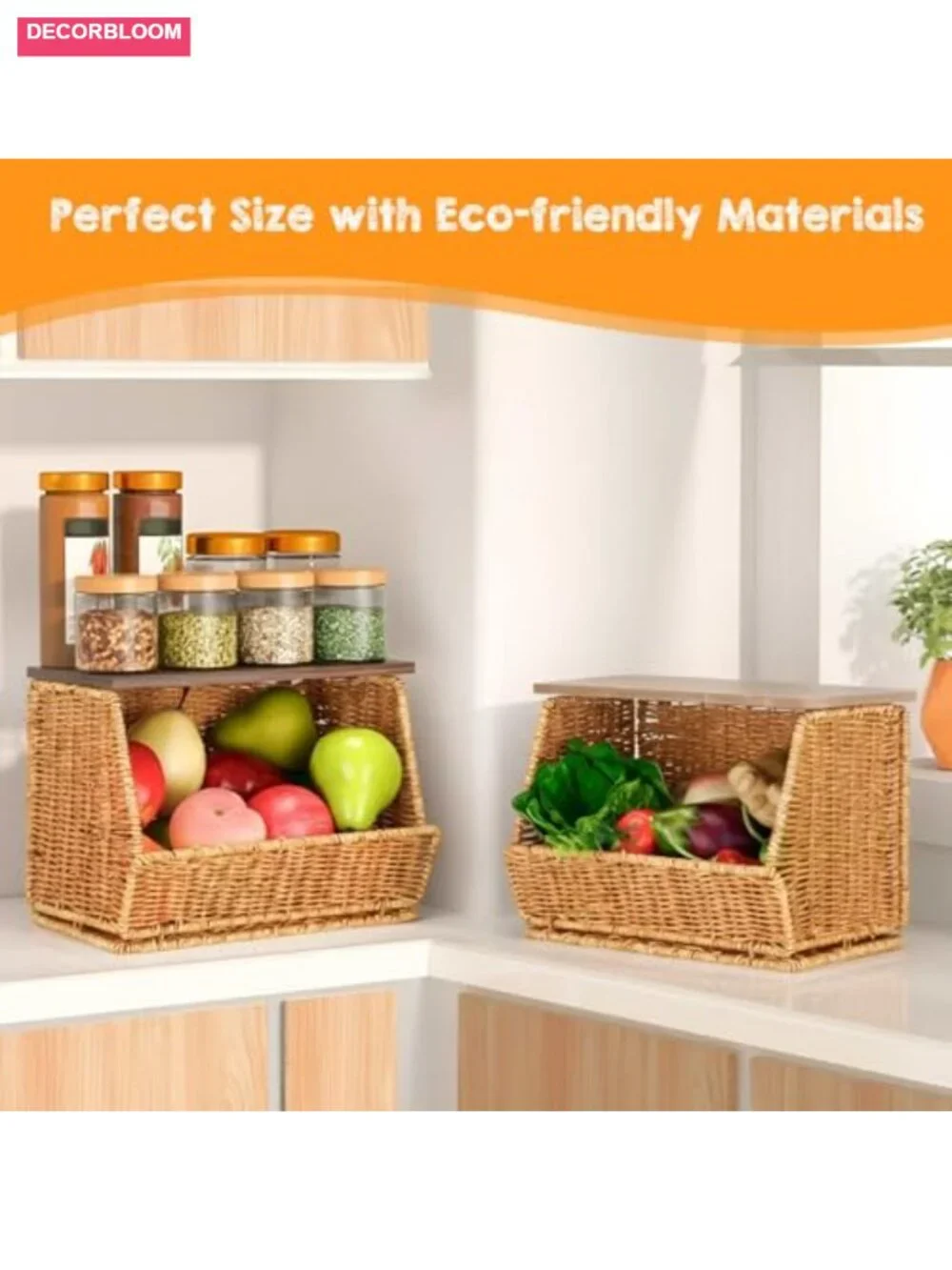 2 Tier Stackable Woven Fruit Basket with Wood Lid